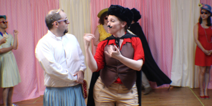 PHOTO: King Ferdinand (Kitty Mortland), disguised as a muscovite woos Rosaline (Max Stein), disguised as the Princess of France in Bad Quarto's 2017 production of 		
				<em>Love's Labour's Lost</em>, directed by Alex Dabertin. Photo by James M. Smith.
